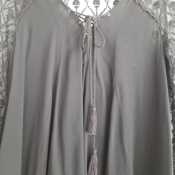 ECOTE Boho Floral Lace Tassel Tie Semi-Sheer Tunic Blouse Black Sz S - Picture 7 of 15